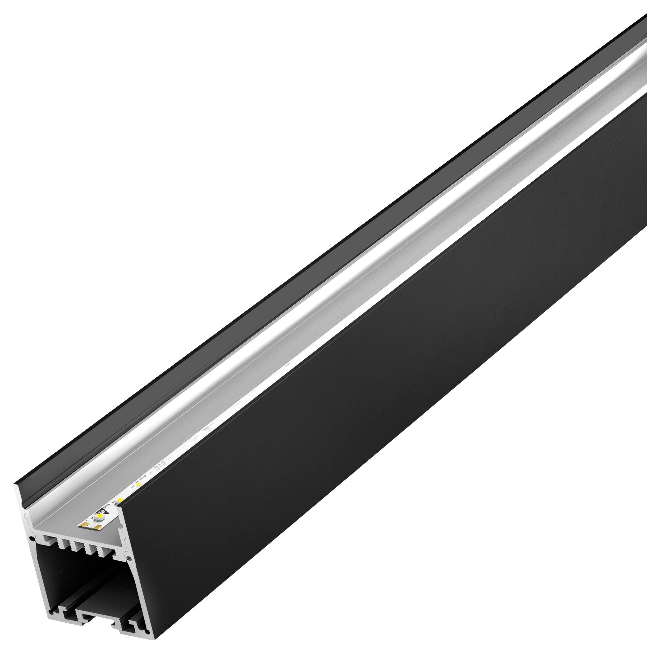 Schwarzer Aluminium-LED-Kanal mit matt getönter Diffusorblende, im Winkel positioniert, um die Platzierung des inneren LED-Streifens zu zeigen.
