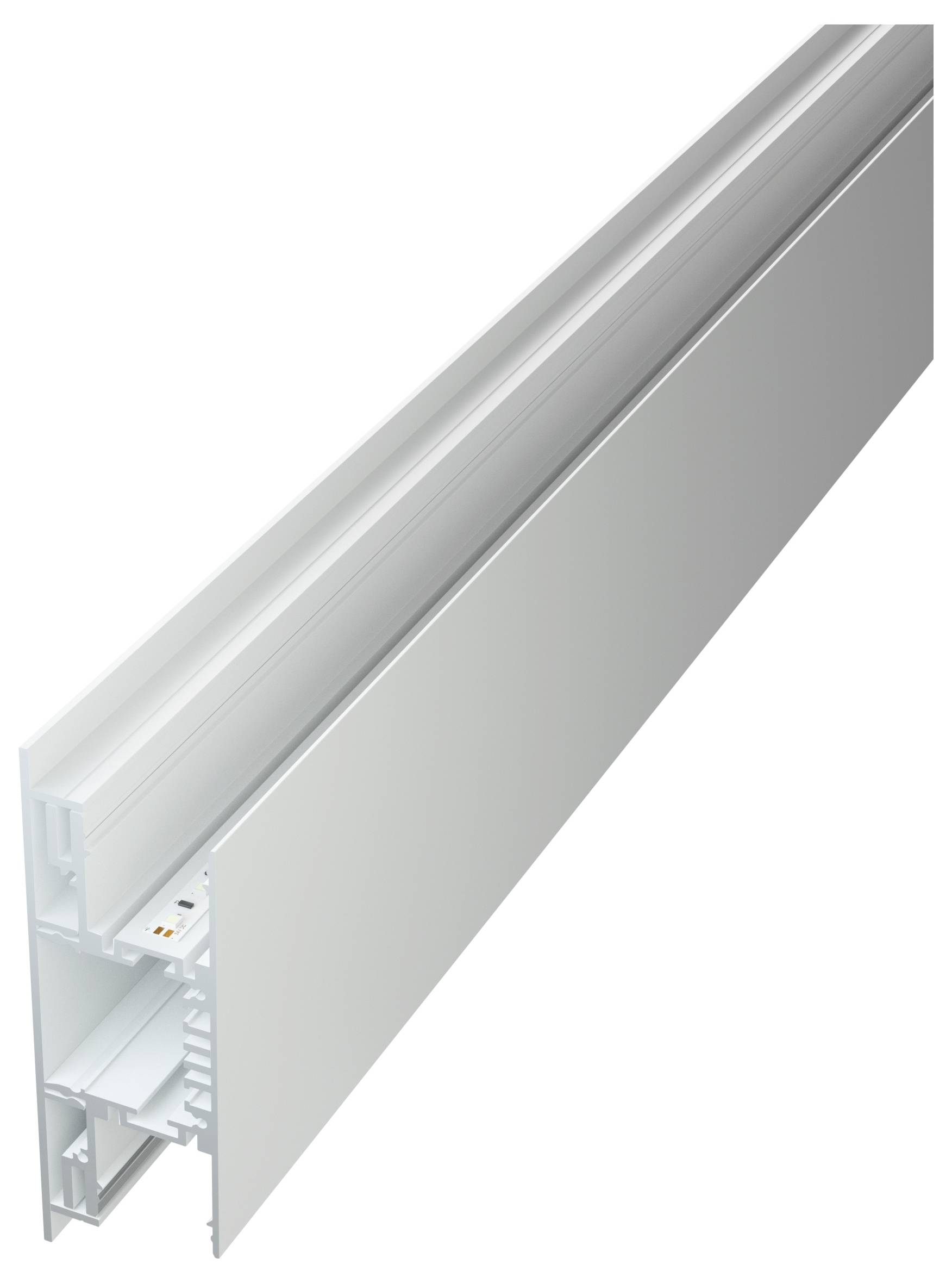 Aluminium-LED-Profil mit mattierter Abdeckung, konzipiert für die Unterbringung von LED-Streifen, geeignet für Oberflächenmontage und bietet diffuses Licht.
