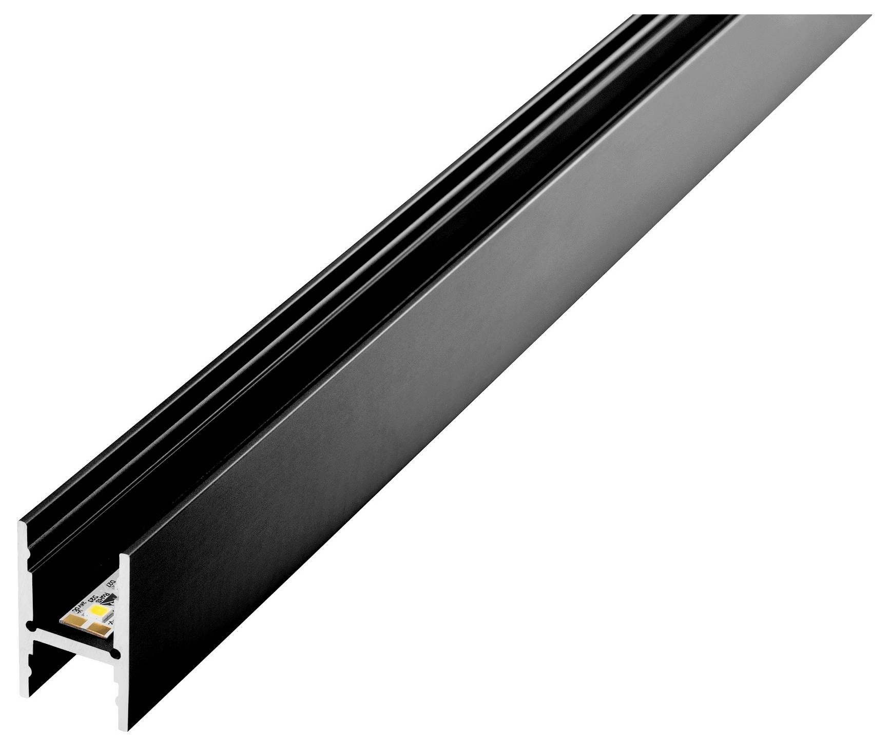 Schlankes, schwarzes Aluminiumprofil verwendet zum Gehäuse von LED-Streifen, von einem seitlichen Winkel gezeigt; zeigt LED-Innendetails.