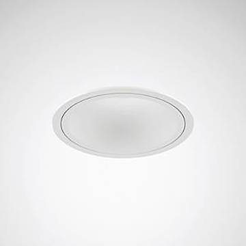 Eine runde, moderne weiße Deckenleuchte mit glatter, minimalistischer Gestaltung ist an einer weißen Decke montiert.