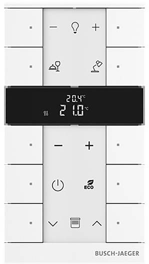 Intelligentes Thermostat-Bedienfeld mit Tasten zum Einstellen der Temperatur, Lüftergeschwindigkeit und des Modus. Das Display zeigt die aktuelle Temperatur an: „21,0°C