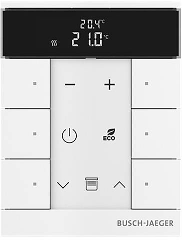 Digitales Thermostat-Panel zeigt aktuelle Temperatur '21,0°C' an, mit '+' und '-' Tasten zur Einstellung und 'ECO'-Modussymbol.