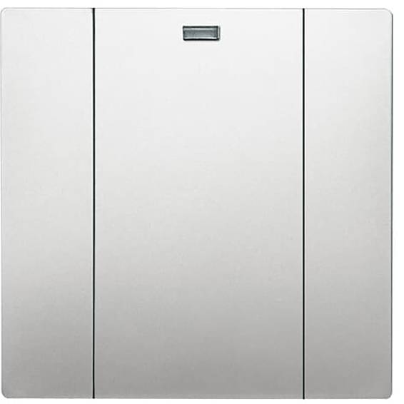 Ein minimalistisches, rechteckiges, silbernes wandmontiertes Schalterpanel mit drei vertikalen Abschnitten und einem kleinen rechteckigen Indikator in der Mitte oben.