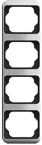 Ein vertikaler Rahmen mit vier rechteckigen Schlitzen, wahrscheinlich zum Halten von einzelnen Schalter- oder Steckdosenblenden konzipiert, mit einer metallischen Oberfläche.