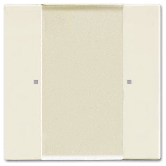 Ein beige Lichtschalter-Panel mit drei Knöpfen und zwei kleinen grauen Quadraten an den Seiten.