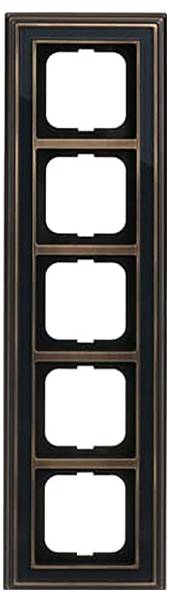 Ein schwarzer und bronzefarbener vertikaler Rahmen mit fünf rechteckigen Ausschnitten, die in einer Säule angeordnet sind, typischerweise für Schalter- oder Steckdosenblenden verwendet.