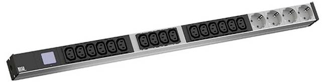 Eine horizontale Stromverteilungseinheit mit mehreren Stromausgängen, die an einem Ende ein digitales Display zur Überwachung aufweist.