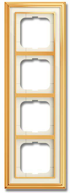 Eine vertikale Reihe von fünf leeren rechteckigen Schlitzen für Steckdosen oder Schalter, angebracht in einem ornamentalen goldenen Rahmen, von vorne betrachtet.