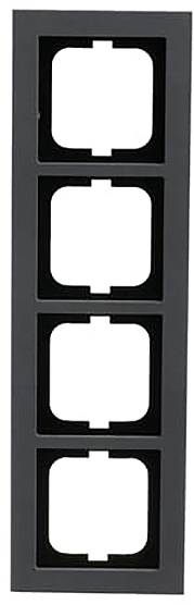 Ein vertikaler schwarzer Rahmen mit vier quadratischen Ausschnitten, die in einer Reihe angeordnet sind, wahrscheinlich zum Halten von Schaltern oder Steckdosen.
