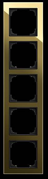 „Ein fünfschlitziger goldfarben Rahmen für modulare Schalter oder Steckdosen, in vertikaler Ausrichtung angebracht.