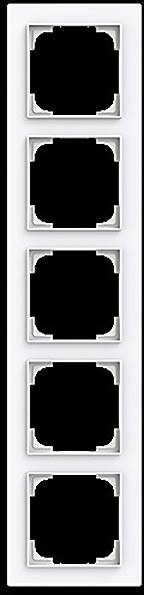 Eine vertikale Reihe von fünf identischen quadratischen Rahmen mit schwarzen Zentren und weißen Rändern, die in einer einzigen Spalte ausgerichtet sind.