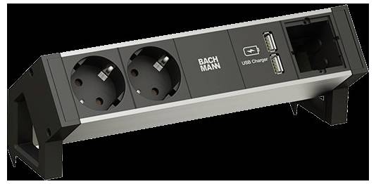 Eine schwarz-silberne Steckdosenleiste mit zwei europäischen Steckdosen, zwei USB-Anschlüssen mit der Bezeichnung „USB-Ladegerät