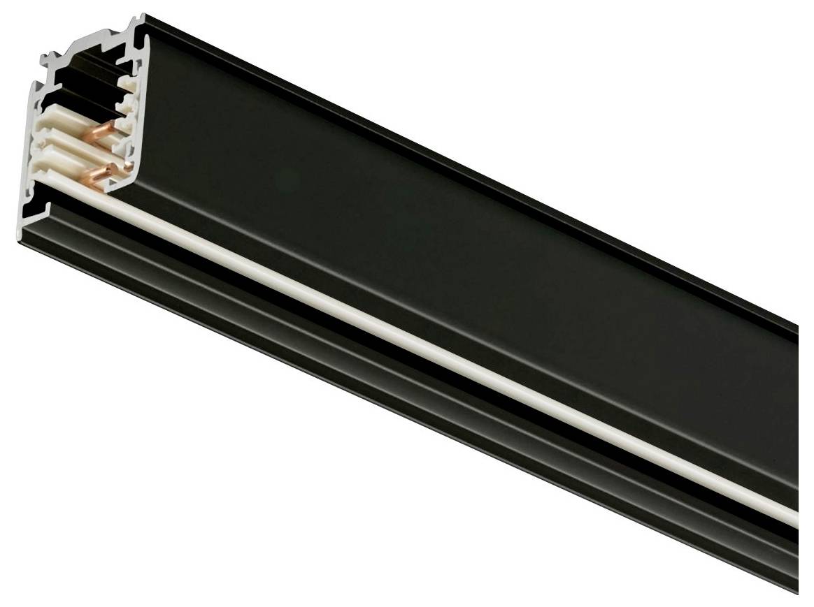 Eine schwarze Metallschiene mit Kupfer- und Kunststoffkanälen, wahrscheinlich Teil eines elektrischen Schienensystems für Beleuchtung, zeigt ihre Querschnittsansicht.