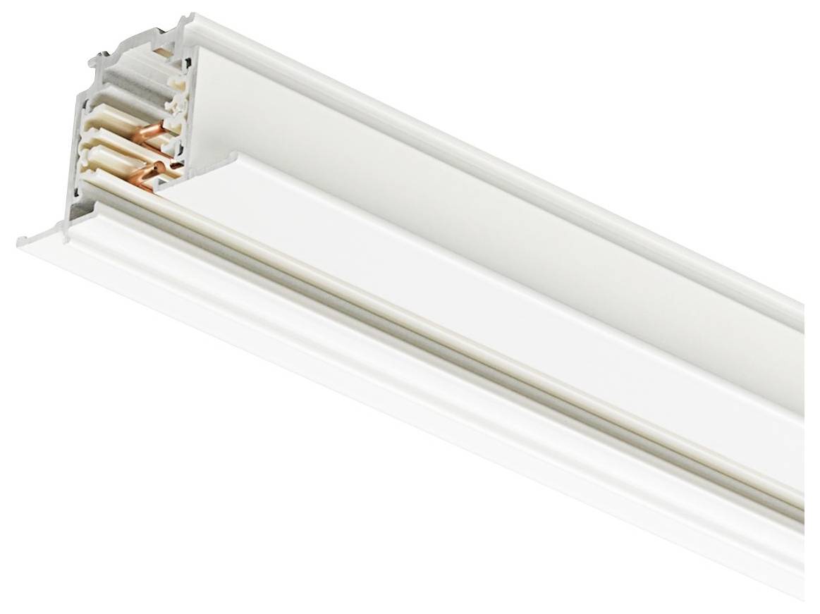 Ein weißes lineares Schienensystem mit freiliegenden Kupferkontakten, das zur Befestigung und Stromversorgung von an der Decke montierten Leuchten verwendet wird.