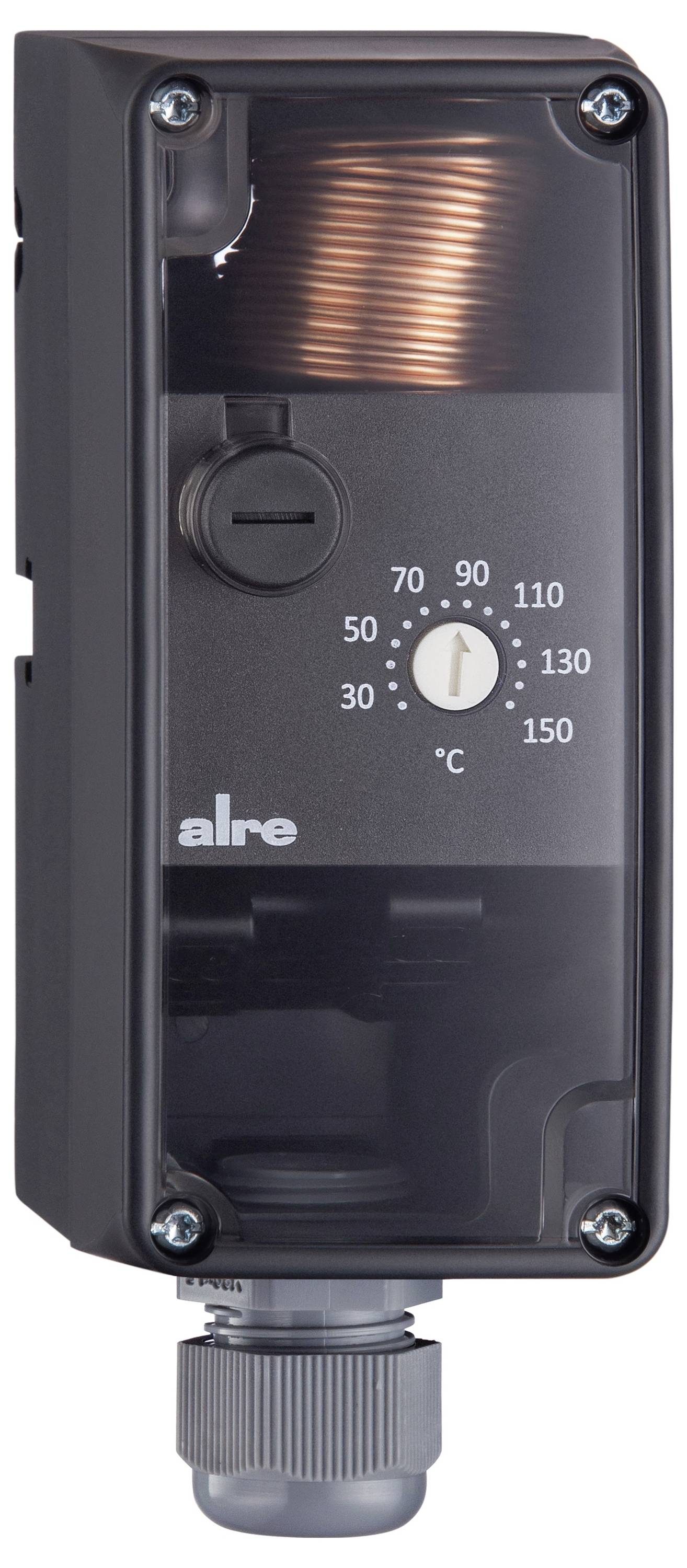 Ein industrielles Wandthermostat mit einem Temperaturdrehregler im Bereich von 70 bis 150 Grad Celsius, auf dem das Logo 