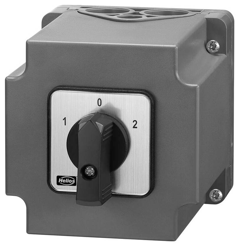 Eine graue Elektroschalterbox mit einem zentralen schwarzen Drehregler, der mit „0