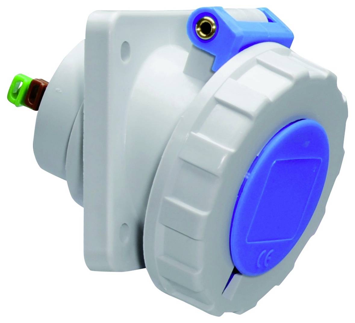 Eine grau-blaue industrielle Steckdose von vorne und von der Seite betrachtet, mit kreisförmiger Form und robuster Konstruktion.