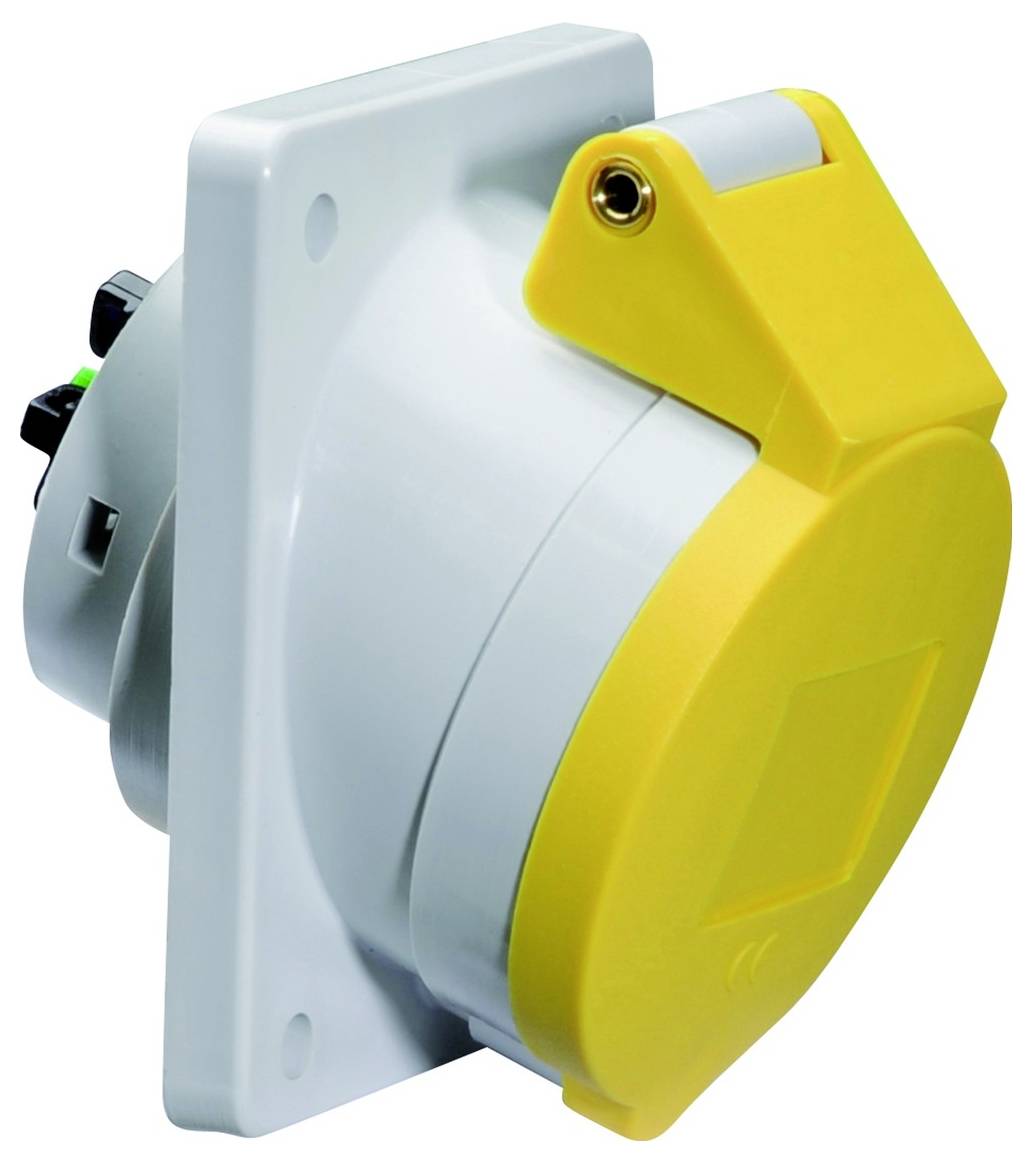 Eine gelbe und graue Industrie-Steckdose auf einer ebenen Oberfläche montiert, entwickelt für robuste Verbindungen in elektrischen Systemen.