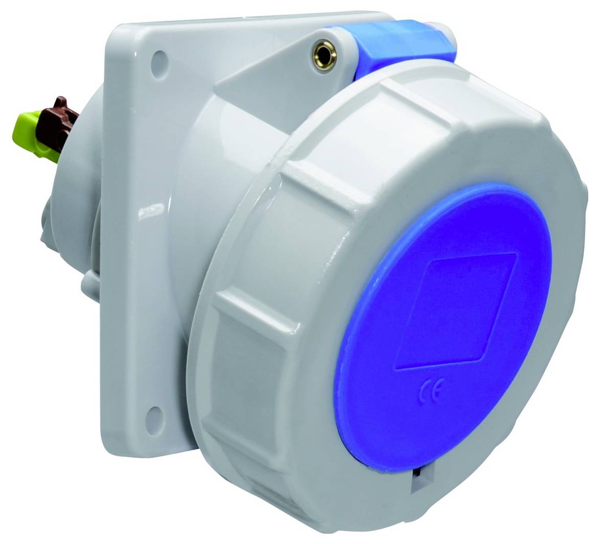 „Eine grau-blaue Industriesteckdose mit kreisförmigem Design und Kerben am Gehäuse, ausgestattet mit einer Montageklammer und einem Steckerverbinder.