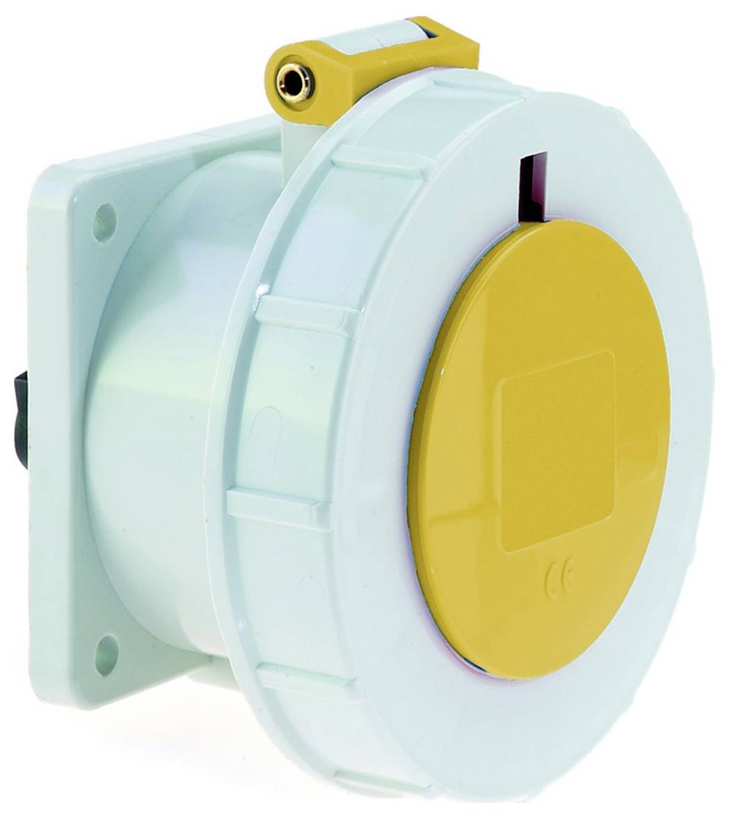 Eine gelbe und hellblaue Industrie-Wandsteckdose mit aufklappbarem Deckel, entwickelt für sichere Elektroverbindungen in industriellen Umgebungen.