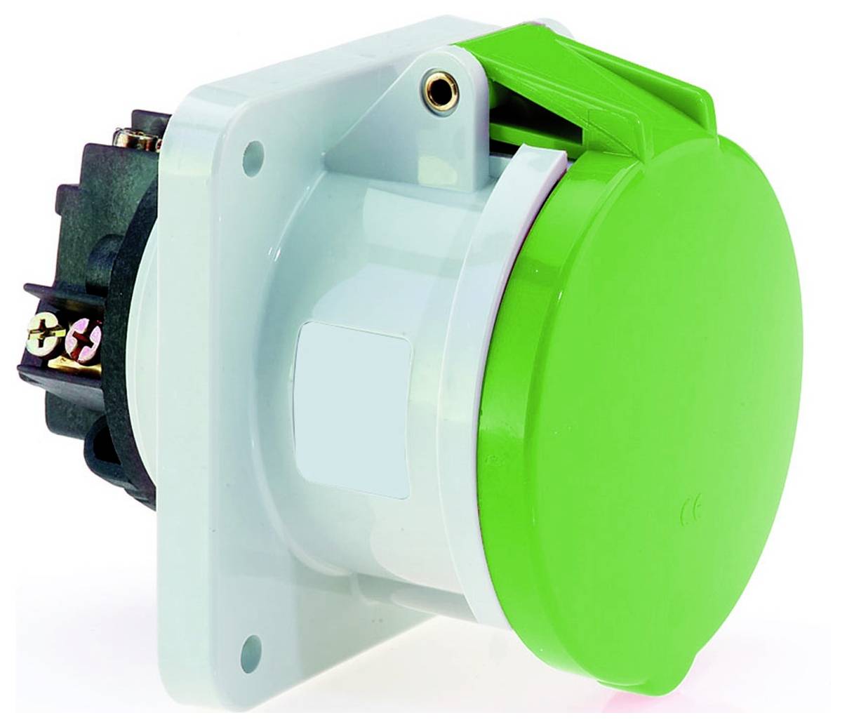 Ein grüner industrieller Stromstecker mit einer Schutzkappe, auf einer weißen Platte montiert, wird in elektrischen Installationen für Sicherheit verwendet.