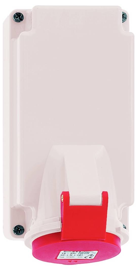 Ein wandmontierter elektrischer Sicherheitsschalter mit einem roten Hebel und Etikett.