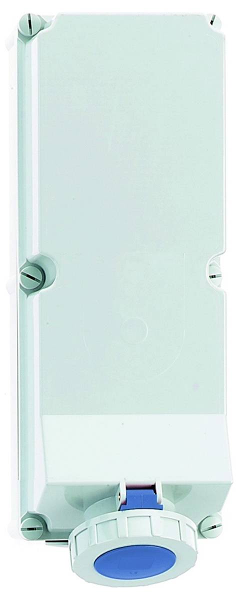 Ein hellblaues Industriekontrollschalter mit rechteckigem Gehäuse und einem kreisförmigen blauen Knopf an der Unterseite.