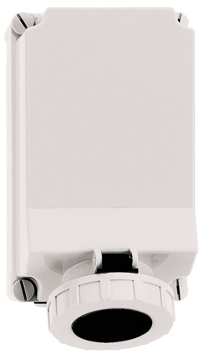 Ein weißes elektrisches Verteilerkästchen mit einem kreisförmigen Rohrverschraubung am unteren Ende, konzipiert für Kabelverwaltung und Schutz.