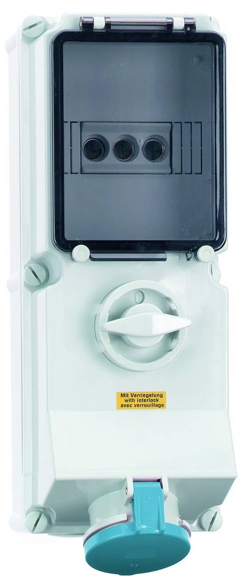 Eine hellgraue Elektroschalterbox mit schwarzer Abdeckung und grünem Schalter, ausgestattet mit einem vorderen Griff für die Bedienung.