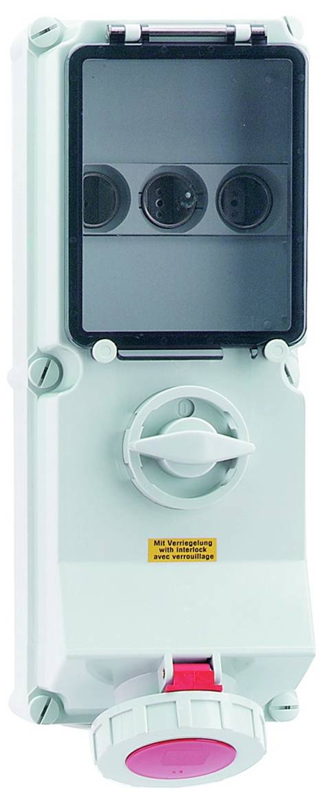 Ein hellgrüner Industrie-Elektrokasten mit einem roten Notausschalter und drei sichtbaren Steckdosen unter einer transparenten Schutzabdeckung.