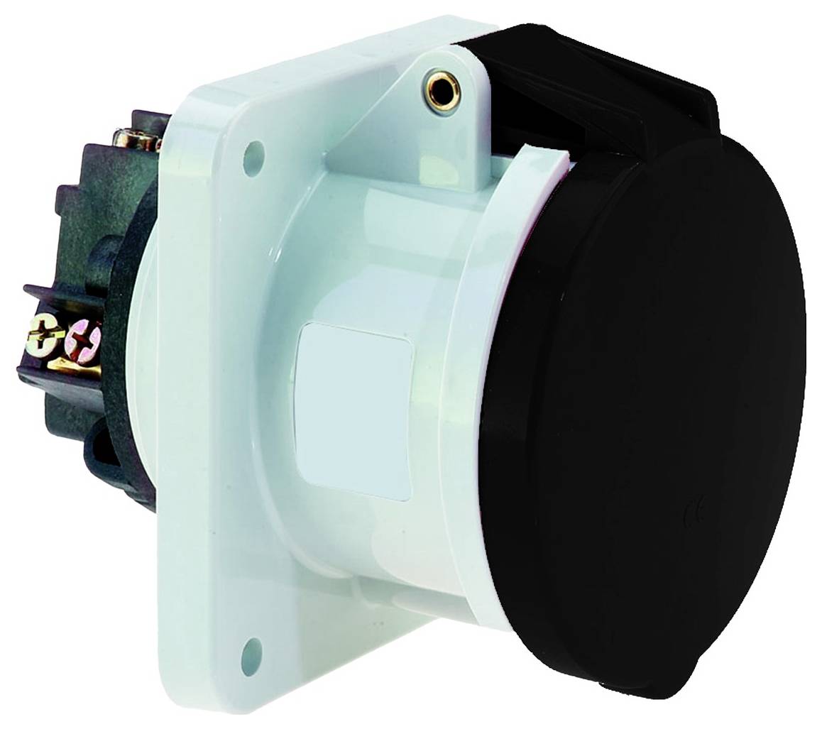 Eine runde schwarz-weiße Steckdose mit einem Scharnier-Abdeckung, entwickelt für Langlebigkeit und Außenverwendung, zeigt eine Seitenansicht des Geräts.