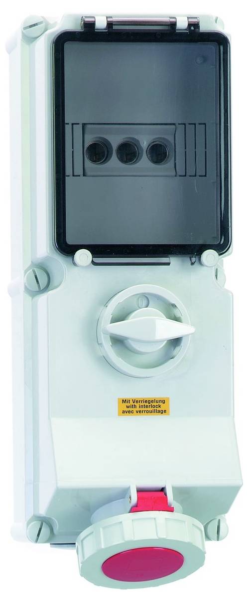 Elektrischer Schaltkasten mit einem Griff und einem roten Druckknopf unten, verwendet zum Steuern von Strom oder Maschinen.