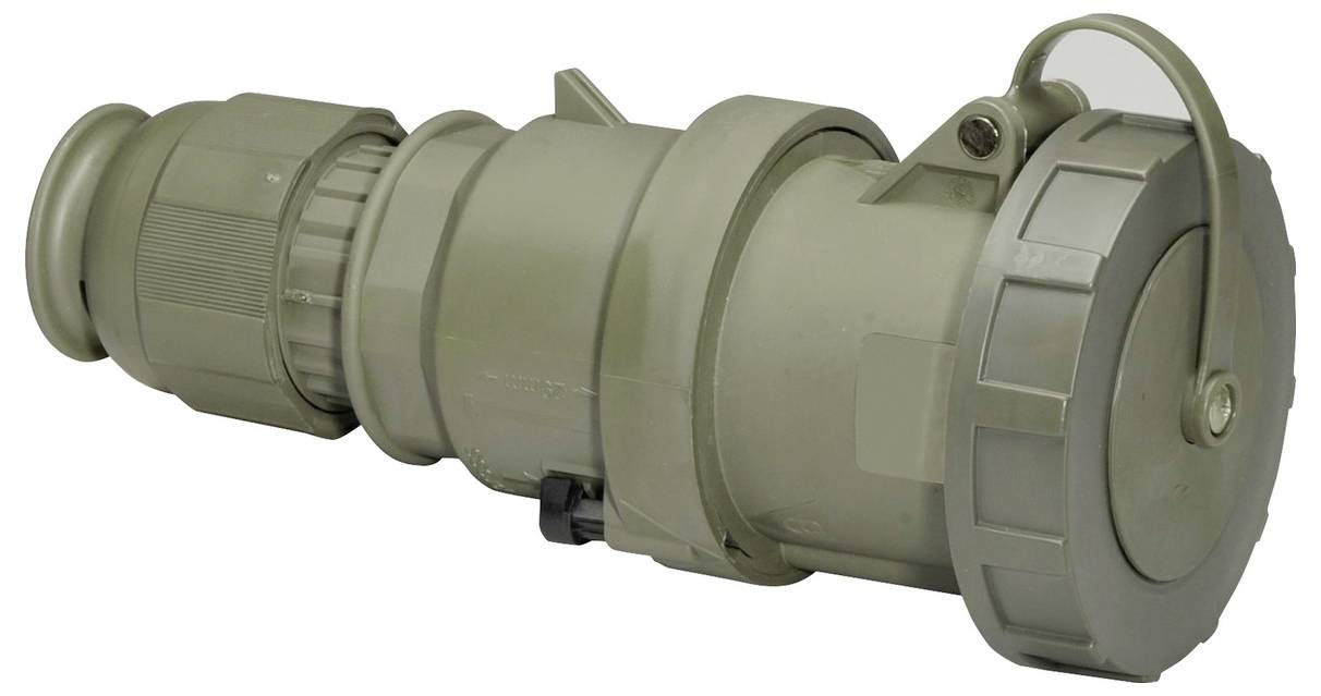 Ein Stromverbinder im Militärstandard mit mehreren Segmenten und einer großen Verschraubkappe, entwickelt für robuste Outdoor-Anwendungen.