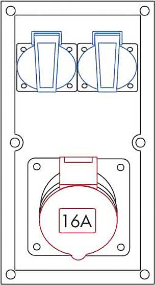 Ein Diagramm, das eine Schalttafel mit zwei blauen Schaltern oben und einer rot umrandeten „16A