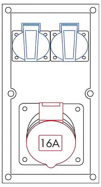 „Elektrotafel mit zwei blauen Schaltern und einer 16A-Steckdose darunter. Die Steckdose ist rot umrandet und zeigt die Stromstärke an.