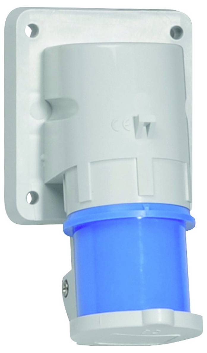 Ein blauer und grauer Industrie-Stecker mit Steckdose an der Wand montiert, ausgelegt für robuste elektrische Verbindungen.