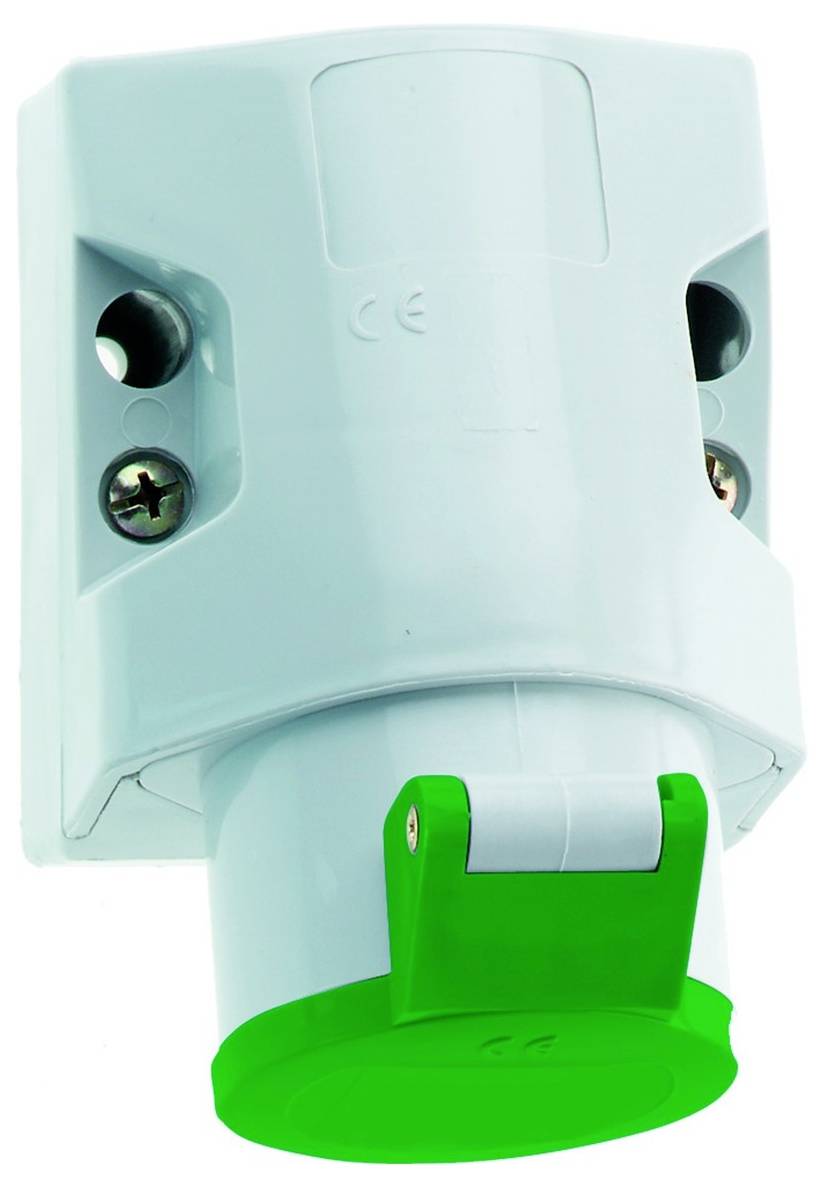 Weißer Stromstecker mit grünem Griff und zwei Schrauben, konzipiert für sichere Verbindung.