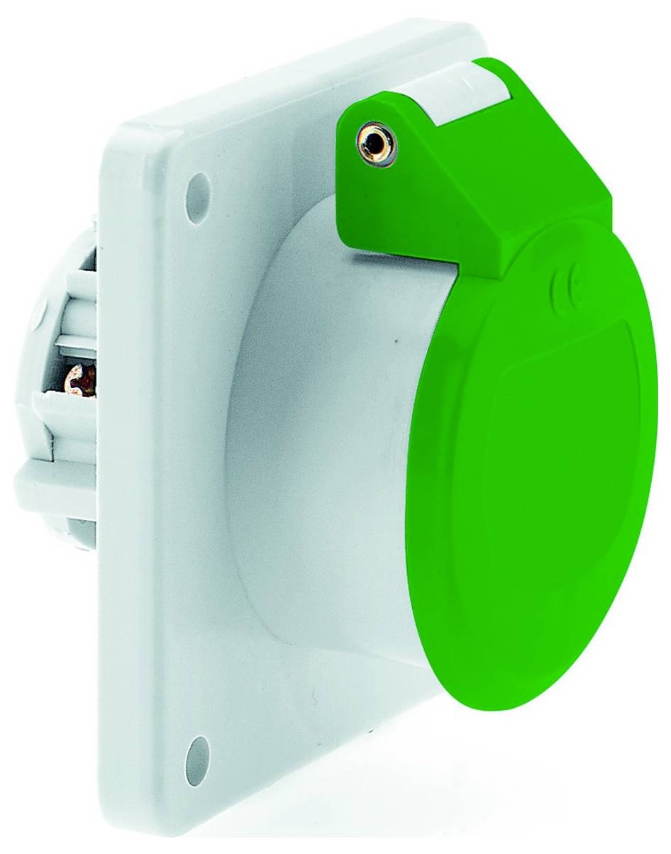 Eine grüne Steckdosenschutzhülle, die an einer weißen Wandplatte befestigt ist und für Sicherheit und Schutz vor elektrischen Kontakten konzipiert ist.