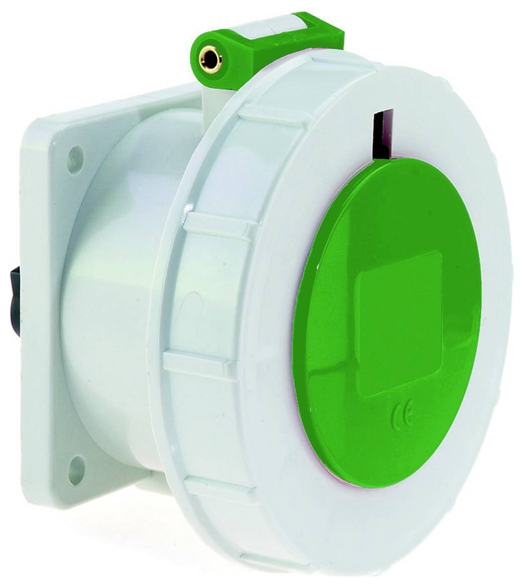 Eine weiße und grüne Steckdose mit sicherem Deckel, entworfen für industrielle Verwendung, auf einer ebenen Fläche montiert.