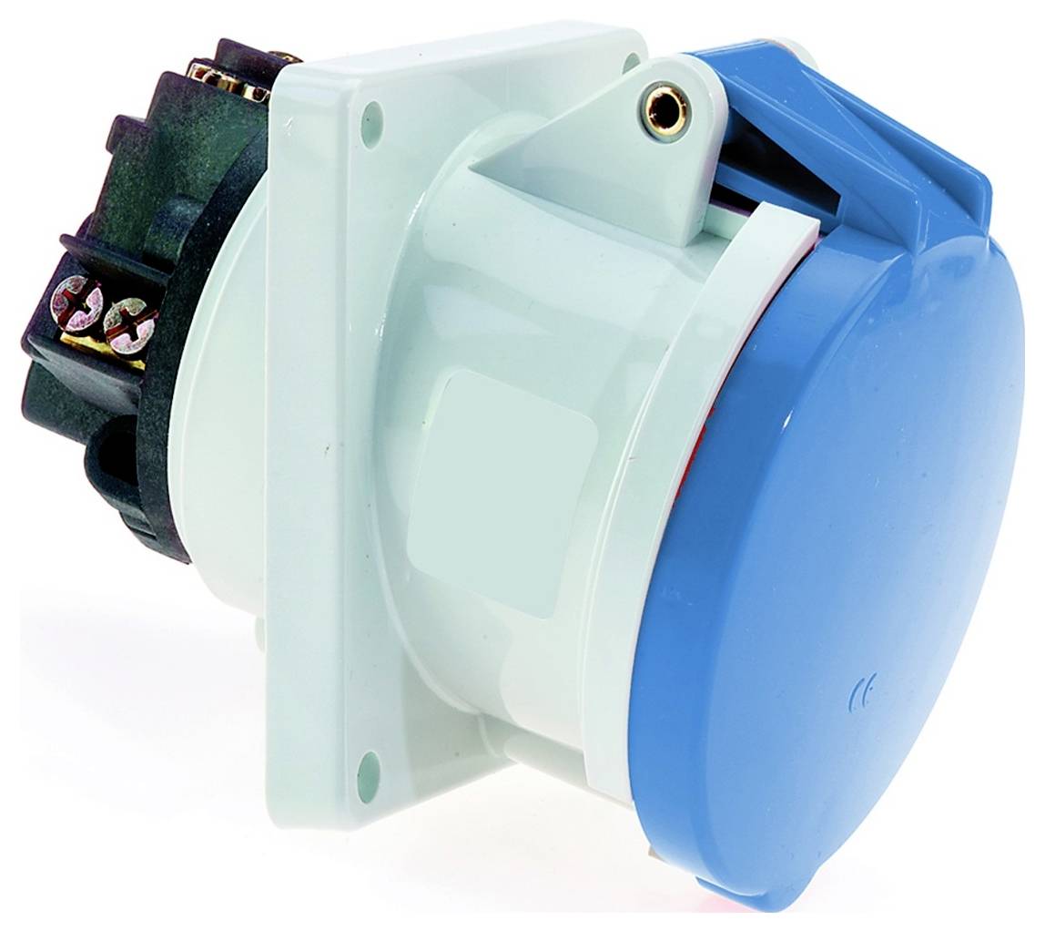 Ein blau-weißer Industrie-Steckverbinder mit Befestigungslöchern, verwendet für elektrische Verbindungen, aus einem Winkel betrachtet.