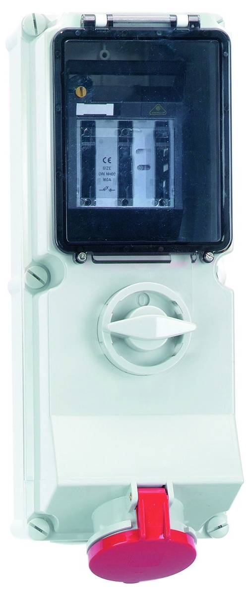 Eine Elektrischalterbox mit transparentem Deckel, die interne Komponenten zeigt und einen Drehknopf an der Vorderseite mit einem markanten roten Knopf.