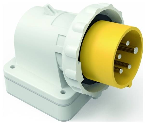 Ein Stromstecker mit einem gelben kreisförmigen männlichen Stecker und mehreren Stiften, untergebracht in einem grauen Gehäuse, entwickelt für elektrische Verbindungen.
