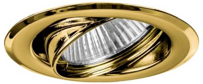 Goldener versenkt eingebauter Strahler mit geneigtem verstellbarem Innenring und sichtbarer transparenter Glühbirne im Inneren.