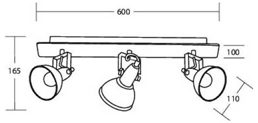 Deckenleuchte mit drei Leuchten – Diagramm mit Abmessungen: 600 mm breit, 165 mm hoch, mit 100 mm und 110 mm Messwerten angegeben.