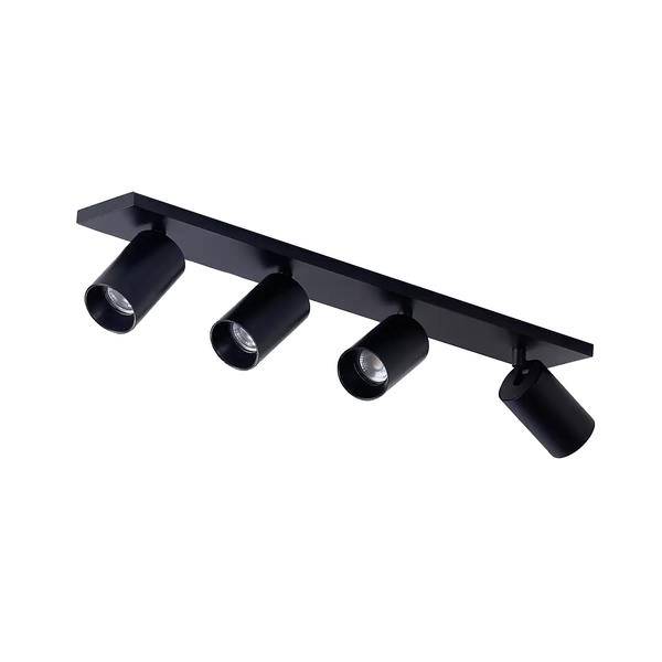 Schwarze Deckenleuchte mit vier verstellbaren Spotlights auf weißem Hintergrund.