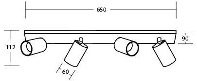 Technische Zeichnung einer vierflammigen Deckenleuchte mit Abmessungen und Winkeln: 650 mm lang, 112 mm hoch, mit 90°- und 60°-Verstellungen.