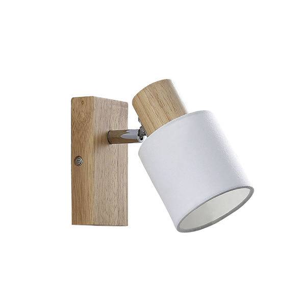 Moderner an der Wand montierter Scheinwerfer mit hellem Holzsockel, verstellbarem Holzgelenk und weißem zylindrischem Schirm.