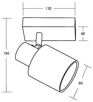Technische Maßzeichnung eines zylindrischen Scheinwerfers mit Gesamtgröße 190 hoch, 120 breit, 60 tief, mit Lampenkopf von 80 Durchmesser.