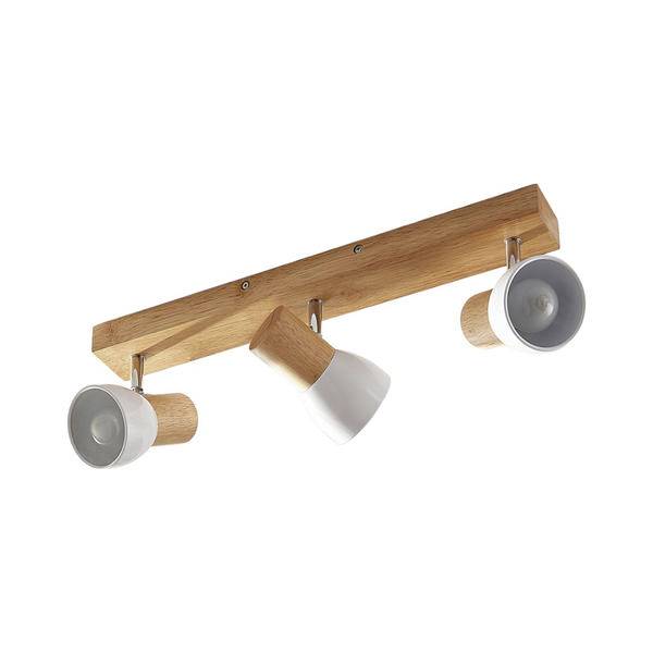 Holzdeckenschienensystem mit drei verstellbaren Strahler auf weißem Hintergrund.