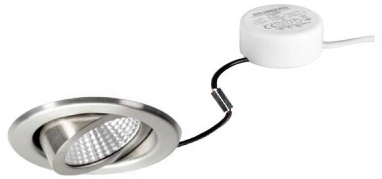 Eingelassene LED-Einbauleuchte mit einem weißen runden Netzteil, das über ein schwarzes Kabel verbunden ist.